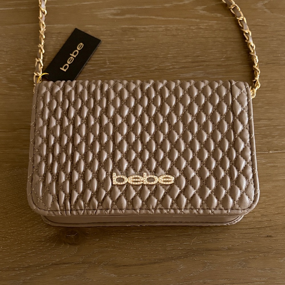 bebe Quilted Taupe‎ Crossbody Bag with Gold Chain